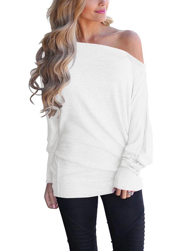Poetsky Long Sleeve Shirts for Women Casual Basic Fall Tops Loose Fit Comfy White L - Image 1